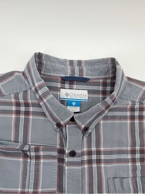 Columbia Gray Plaid Button-Down Shirt with Red Accents